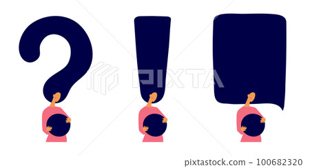 Exclamation mark, question mark and girl, speech bubble. Flat design for advertising, the concept of a new idea, answering a question, attracting attention. Simple cartoon vector illustration. Exclamation mark, question mark and girl, speech bubble. Flat design for advertising, the concept of a new idea, answering a question, attracting attention. Simple cartoon vector illustration. 100682320