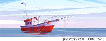 Fish boat in sea, commercial ship in ocean vector Fish boat in sea, commercial ship in ocean vector 100682525