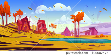 Autumn hill with house and lake vector landscape Autumn hill with house and lake vector landscape 100682576