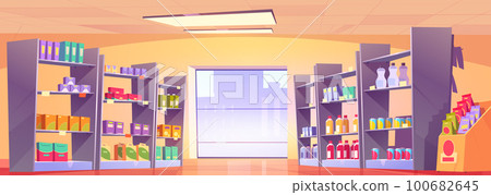 Cartoon supermarket aisle with large window 100682645