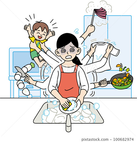 Housewife busy with housework childcare Housewife busy with housework childcare 100682974
