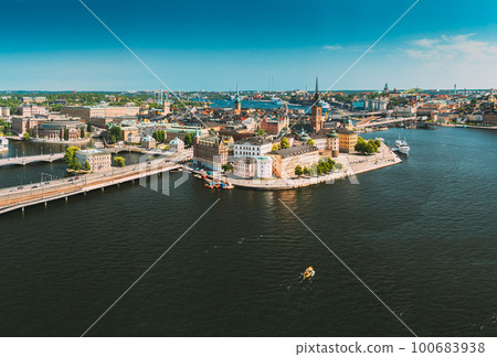 Stockholm, Sweden. Scenic View Of Stockholm Skyline At Sunny Summer Day. Famous Popular Destination Scenic Place. Riddarholm Church In Panorama Panoramic View 100683938