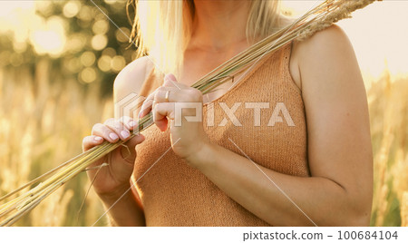 Healthy Lifestyle Concept. Young Pretty Caucasian Happy Girl Woman Walking At Summer Meadow. Unity With Nature. Calmness And Tranquility. Yoga Concept Lifestyle. Power Of Women. Look Into Future 100684104