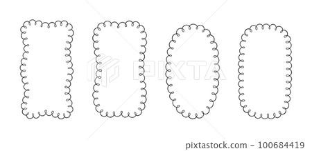 Doodle retangle and oval scalloped frames. Hand drawn scalloped edge rectangle and ellipse shapes. Simple label form. Flower silhouette lace frame. Vector illustration isolated on white background 100684419