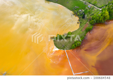 Aerial view of acid colorful mine waste waters 100684548