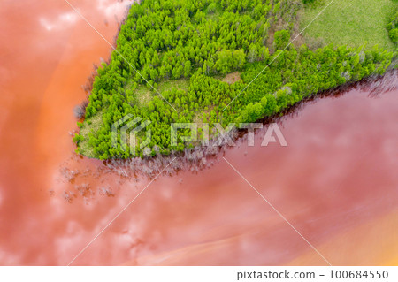 Aerial view of red waste water and green forest 100684550
