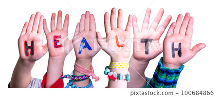 Children Hands Building Word Health, Isolated Background 100684866
