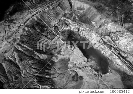 Monochrome aerial view of abandoned mine Monochrome aerial view of abandoned mine 100685412