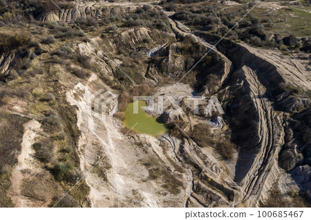 Industrial mining landscape from a drone, aerials 100685467