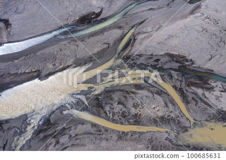 Aerial drone view of glacial river system, Iceland Aerial drone view of glacial river system, Iceland 100685631