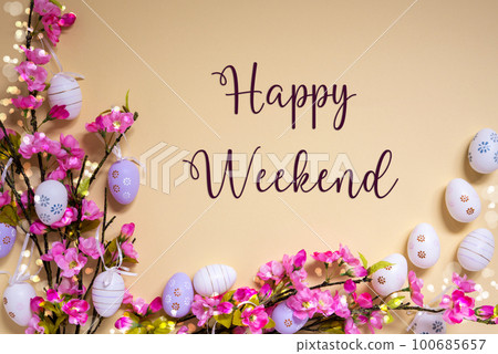 Pink Spring Flower Arrangement, Easter Decoration, English Text Happy Weekend 100685657