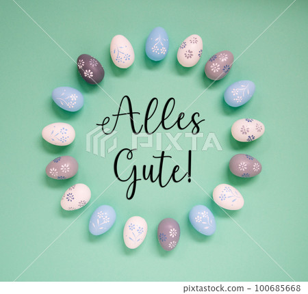 Easter Egg Decoration, Flat Lay, Alles Gute Means Best Wishes Easter Egg Decoration, Flat Lay, Alles Gute Means Best Wishes 100685668