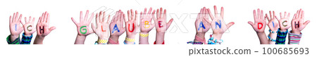 Children Building Ich Glaube An Dich Means I Believe In You, Isolated Background 100685693