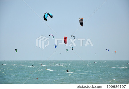 Kite surfers kitesurfing on the sea 100686107