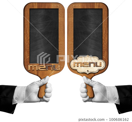 Wooden Cutting Boards with Blank Chalkboard and Text Menu 100686162
