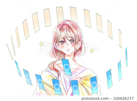 Fortune teller woman Tarot card spread 100686257