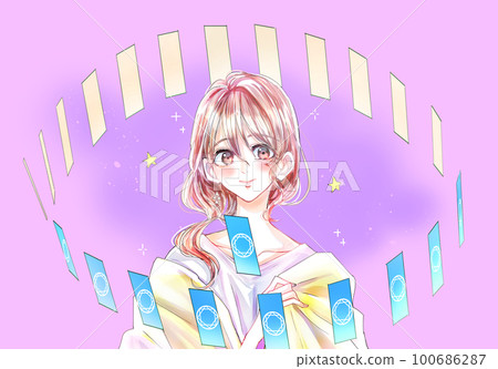 Fortune teller woman Tarot card spread 100686287