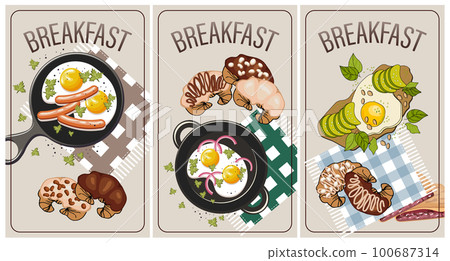 Breakfast poster set, fried eggs with sausages and vegetables and croissants. Menu posters, cafe menu, restaurant menu, vector Breakfast poster set, fried eggs with sausages and vegetables and croissants. Menu posters, cafe menu, restaurant menu, vector 100687314