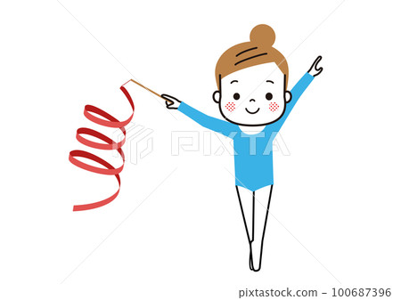 Rhythmic gymnastics A girl in a leotard spinning a ribbon 100687396