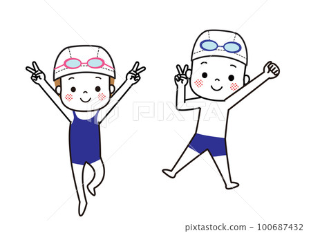 Swimming Boys and girls jumping in swimsuits 100687432