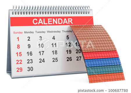 Color Metal Roof Tiles with desk calendar, 3D rendering 100687780