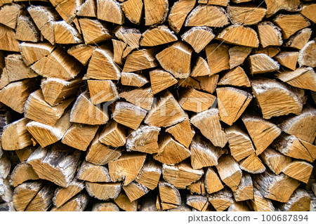 Photography on theme big wall of stacked oak tree logs in cracks Photography on theme big wall of stacked oak tree logs in cracks 100687894