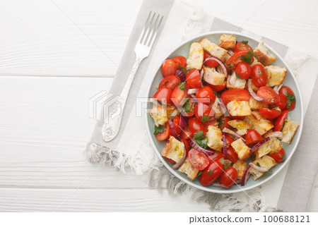 Summer Bread and tomato Salad Apulian Acquasala closeup on the plate. Horizontal top view 100688121