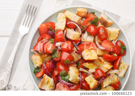 Acquasala bread salad consists of fresh ripe tomatoes and stale bread that are soaked in olive oil, tomato juices, and often vinegar closeup on the plate. Horizontal top view Acquasala bread salad consists of fresh ripe tomatoes and stale bread that are soaked in olive oil, tomato juices, and often vinegar closeup on the plate. Horizontal top view 100688123