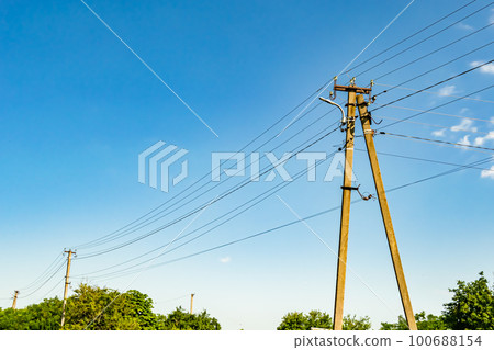 Power electric pole with line wire on colored background close up 100688154