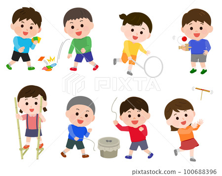 Children playing in old games Set Menko Begoma Stilts Bamboo dragonfly Spinning the rim Kendama illustration 100688396