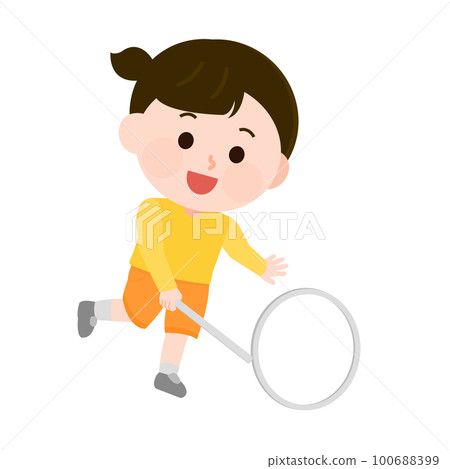 Old toy girl playing with a rim spinning illustration 100688399