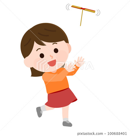 Illustration of a girl playing with an old toy bamboo dragonfly 100688401