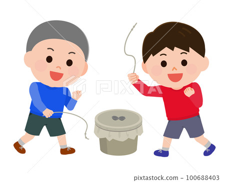男孩玩舊玩具的插圖 100688403
