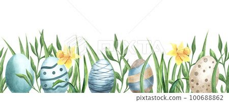 Watercolor Easter seamless border eggs, branches, green leaves , yellow flowers Watercolor Easter seamless border eggs, branches, green leaves , yellow flowers 100688862