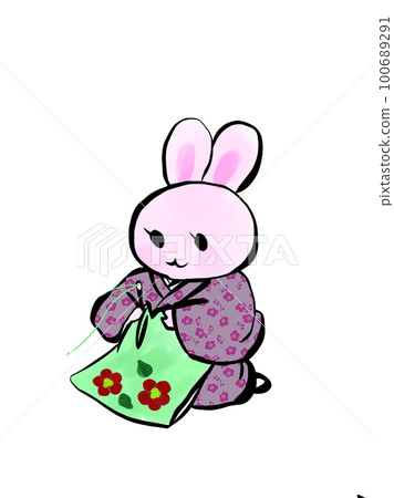 縫製和服的日本裁縫。沙啞的裁縫兔。 100689291