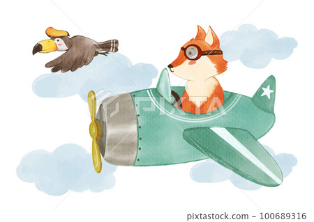 Fox drive airplane on sky with hornbill bird . Realistic watercolor paint with paper textured . Cartoon character design . Vector . Fox drive airplane on sky with hornbill bird . Realistic watercolor paint with paper textured . Cartoon character design . Vector . 100689316