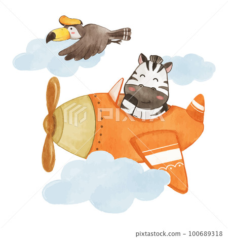 Zebra drive airplane on sky with hornbill bird . Realistic watercolor paint with paper textured . Cartoon character design . Vector . 100689318