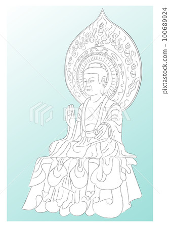 Horyuji Yakushi Nyorai seated statue and halo for coloring blue background 100689924