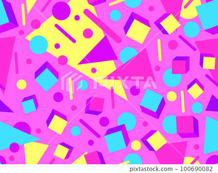 Seamless geometric pattern in 80s memphis style. Colorful geometric shapes. Design of promotional products, wrapping paper and printing. Vector illustration Seamless geometric pattern in 80s memphis style. Colorful geometric shapes. Design of promotional products, wrapping paper and printing. Vector illustration 100690082