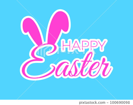 Happy Easter banner with text and bunny ears. Text and bunny ears with a white stroke on a blue background. Design for greeting card, banner and poster. Vector illustration Happy Easter banner with text and bunny ears. Text and bunny ears with a white stroke on a blue background. Design for greeting card, banner and poster. Vector illustration 100690098