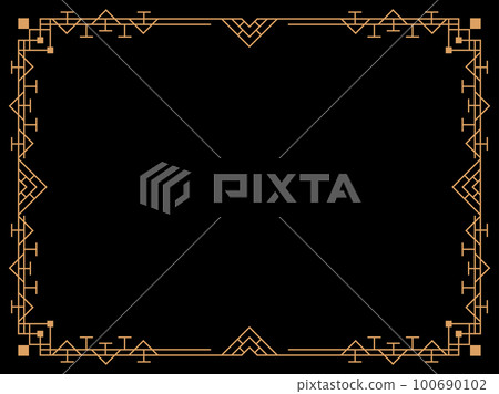 Art deco frame. Vintage linear border. Design a template for invitations, leaflets and greeting cards. Geometric golden frame. The style of the 1920s - 1930s. Vector illustration Art deco frame. Vintage linear border. Design a template for invitations, leaflets and greeting cards. Geometric golden frame. The style of the 1920s - 1930s. Vector illustration 100690102
