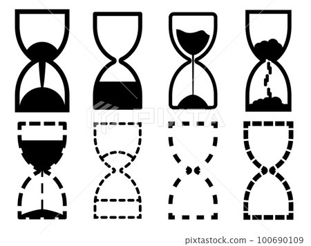 Hourglass icon set. Sandglass timer. Black contours of an hourglass. Sand timer. Symbol of time and waiting. Design of banners, marketing, promotional materials. Vector illustration Hourglass icon set. Sandglass timer. Black contours of an hourglass. Sand timer. Symbol of time and waiting. Design of banners, marketing, promotional materials. Vector illustration 100690109