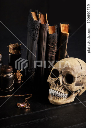 Realistic model of a human skull with teeth on a wooden dark table, black background. Medical science or Halloween horror concept. Close-up shot. 100690719