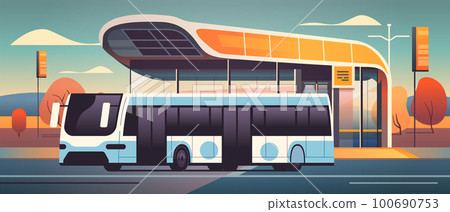 bus at modern city transportation building public transport station waiting terminal for passenger carriage comfortable moving 100690753