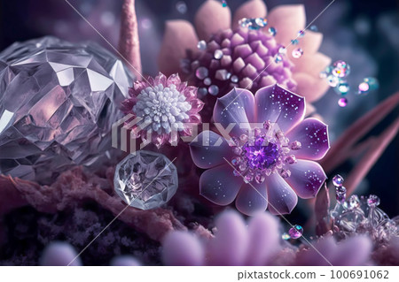Amethyst druze crystal flowers. Magic fantastic gemstone flowers. Generative AI illustration 100691062