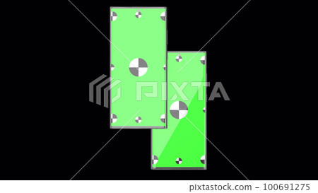 3D render of two smartphone with a green background. Rotating in screen. Green screen for easy keying with Alpha channel. Computer generated image. Easy customizable. 3D Illustration. 3D render of two smartphone with a green background. Rotating in screen. Green screen for easy keying with Alpha channel. Computer generated image. Easy customizable. 3D Illustration. 100691275