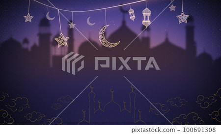 Ramadan Kareem Silhouette soft Background Loop. 3D rendering. Silhouette of Taj Mahal with particle glitter glow and crescent moon on soft background. Ramadan Kareem Silhouette soft Background Loop. 3D rendering. Silhouette of Taj Mahal with particle glitter glow and crescent moon on soft background. 100691308