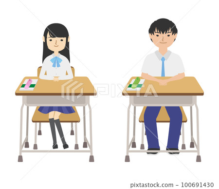 High school students in summer clothes seated (red) High school students in summer clothes seated (blue) High school students in summer clothes seated (red) High school students in summer clothes seated (blue) 100691430