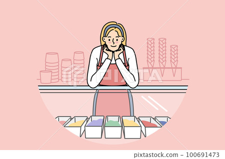Saleswoman near counter in ice cream shop 100691473