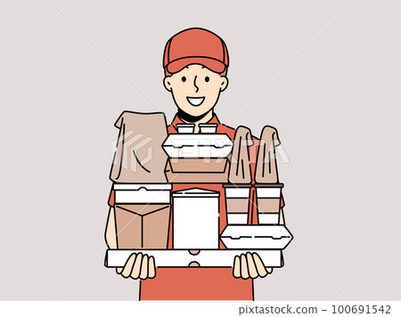 Smiling male courier with order in hands Smiling male courier with order in hands  100691542